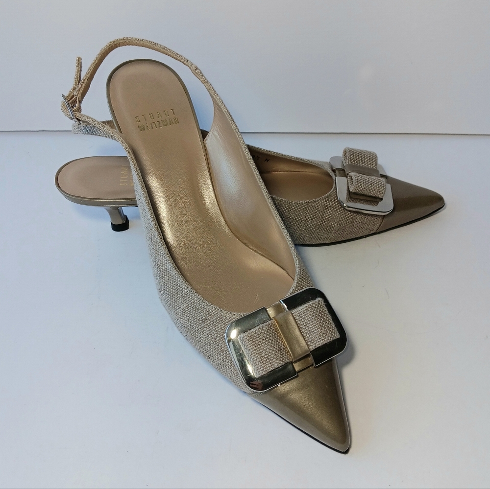 Stuart Weitzman Tan Woven Fabric, Gold Toe, Kitten Heel, Bow Buckle Size 8.5 N